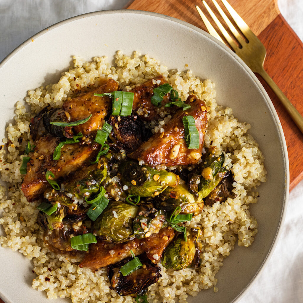 Vegan Honey Mustard Tofu and Brussels Sprouts Avocado Skillet