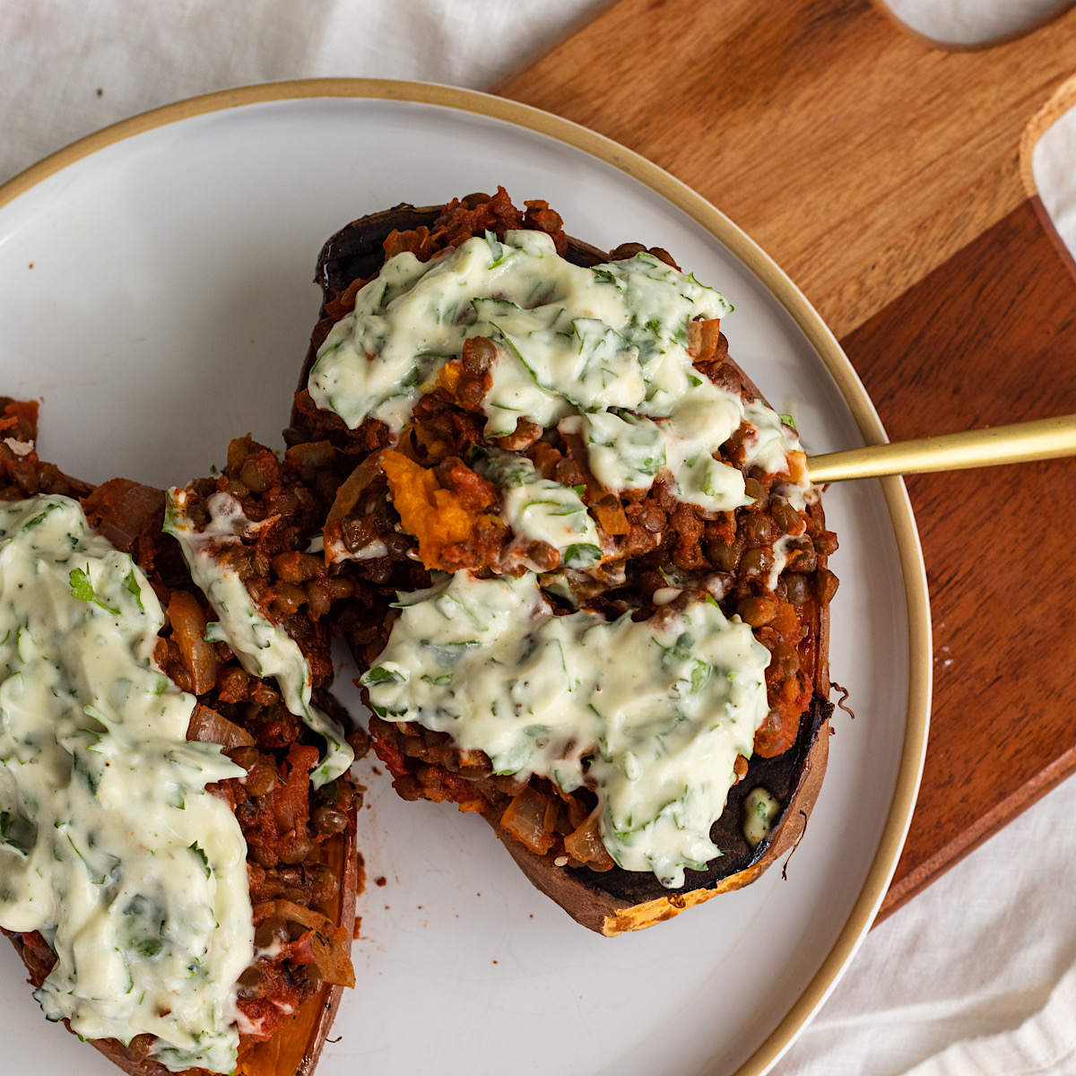 vegan greek lentil stuffed sweet potato