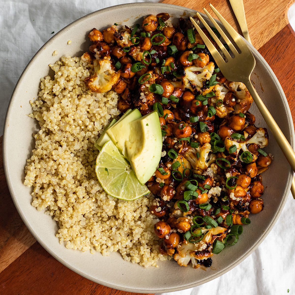 vegan hot honey sticky cauliflower and chickpeas