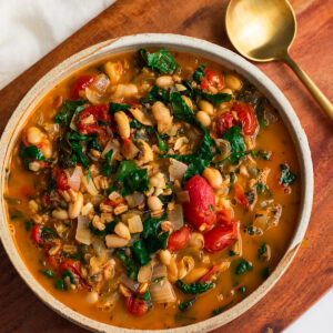 roasted tomato and white bean stew with farro