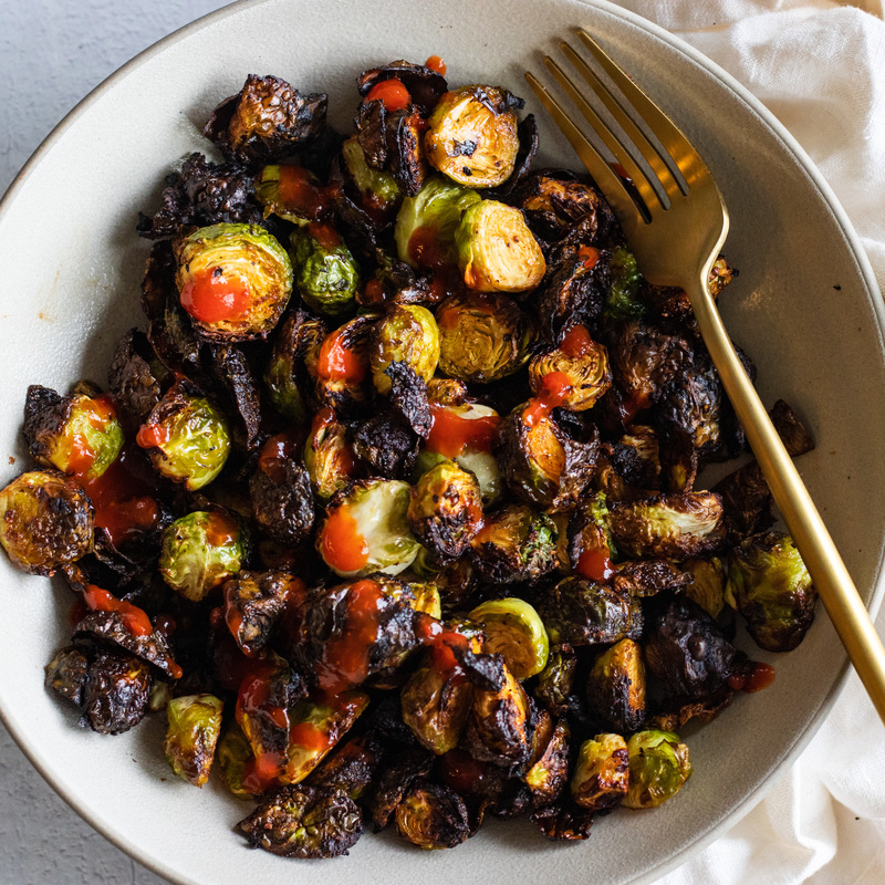 maple sriracha air fried brussels sprouts