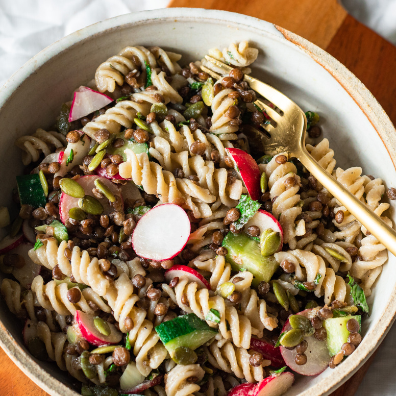 summer lentil pasta salad with radishes