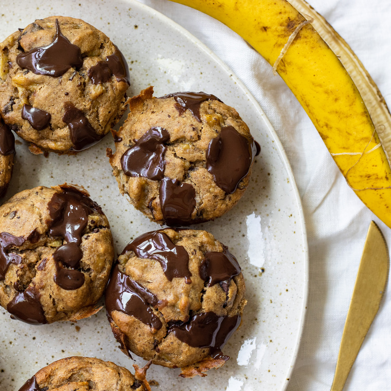 vegan banana chocolate chip protein muffins with oat flour