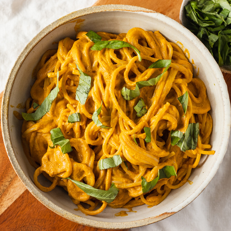 vegan creamy roasted red pepper and carrot pasta with hemp seeds