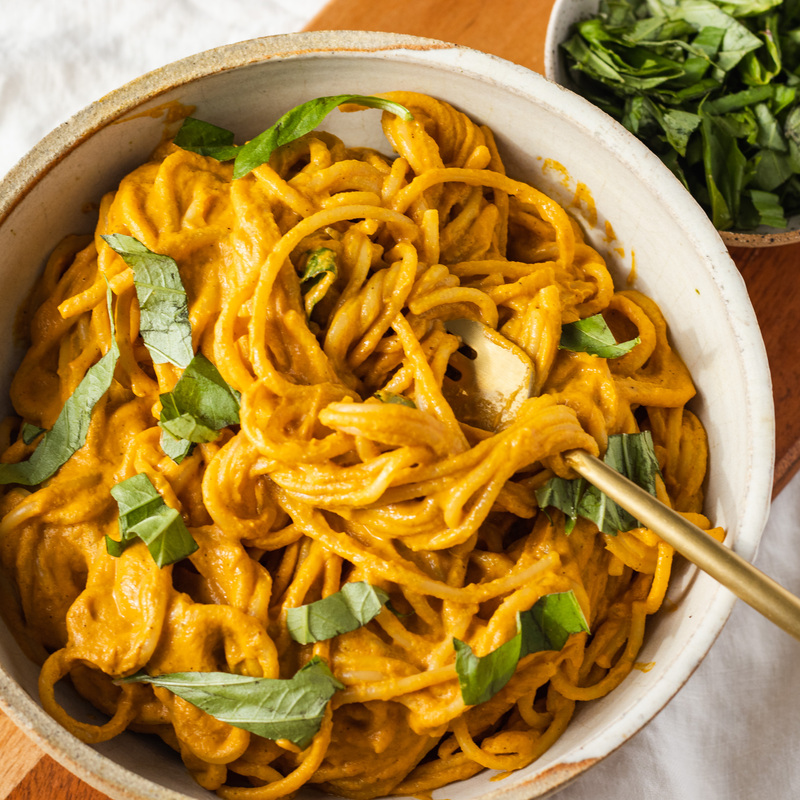 vegan roasted red pepper and carrot pasta with hemp seeds