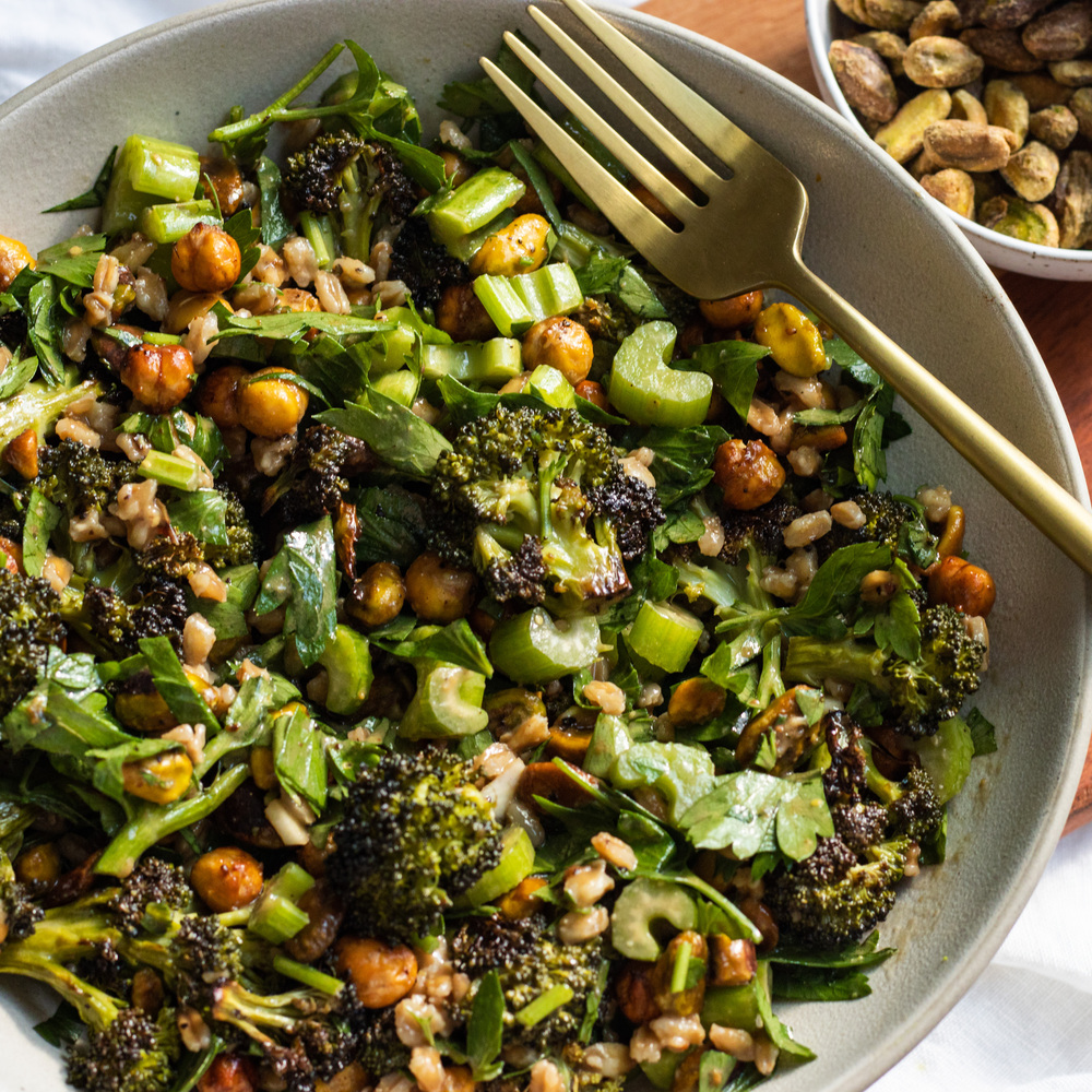 broccoli crunch salad with balsamic tahini dressing