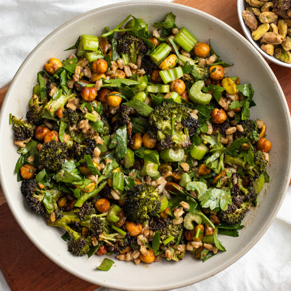 vegan warm broccoli crunch salad with tahini balsamic dressing