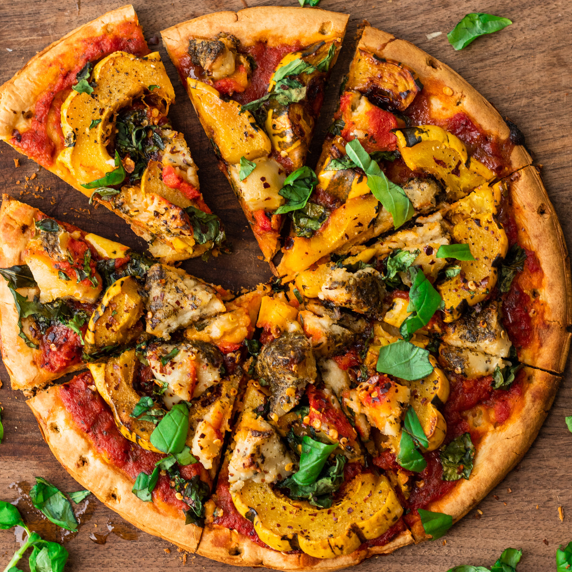 vegan fall harvest pizza with delicata squash