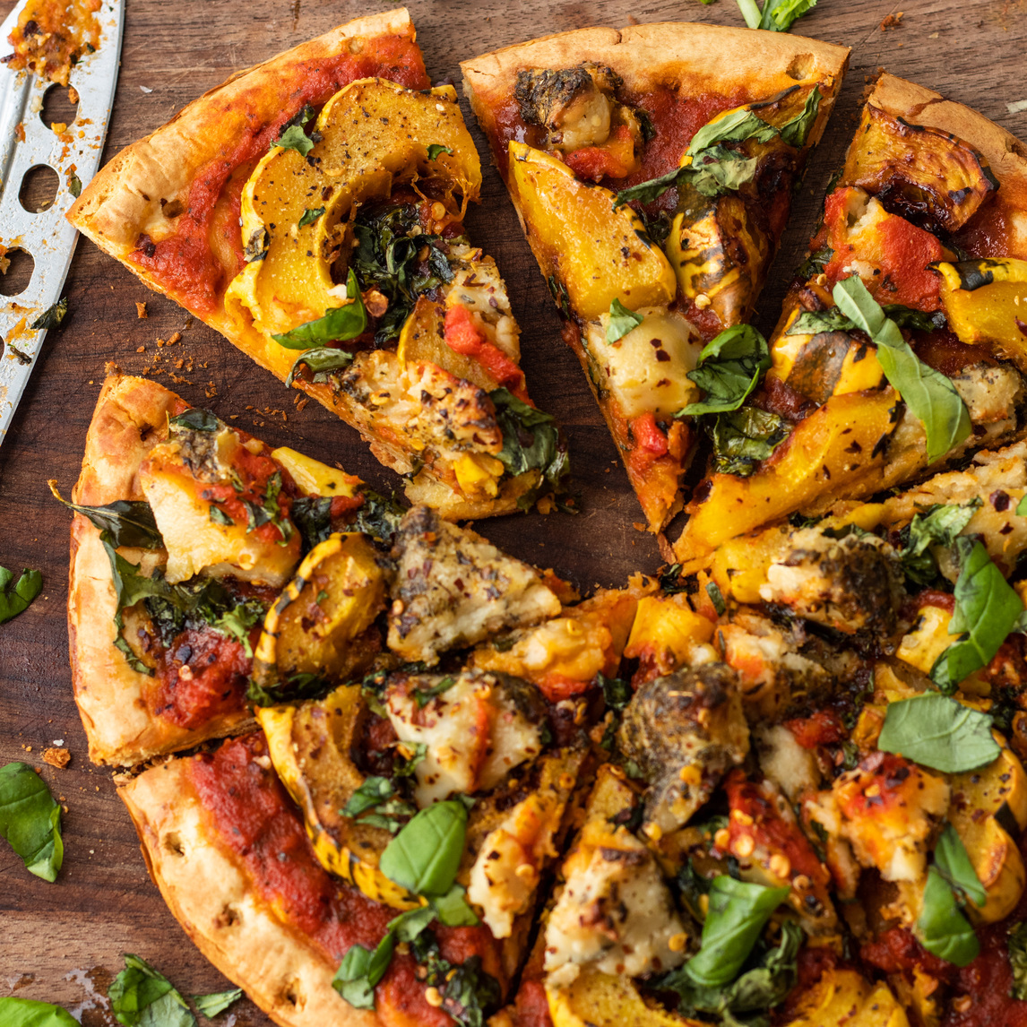 Vegan Fall harvest pizza with delicata squash