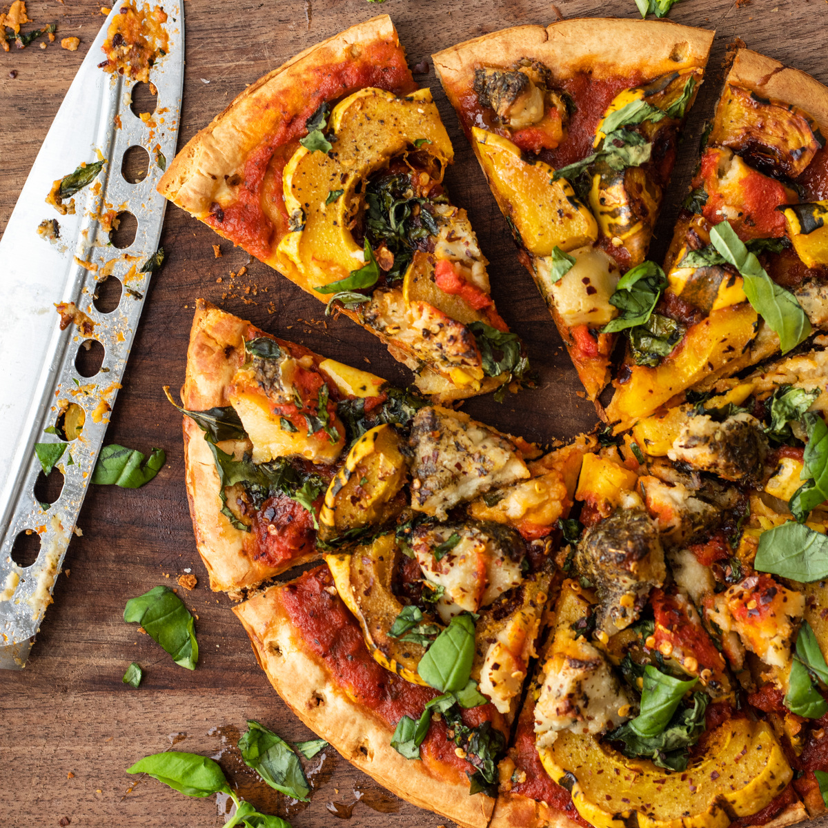 vegan fall harvest pizza with delicata squash