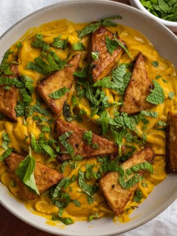 creamy curried butternut squash noodles with crispy tofu