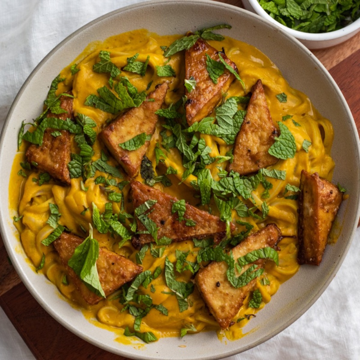 creamy curried butternut squash noodles with crispy tofu