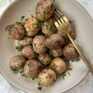 air fried frozen roast potatoes in bowl