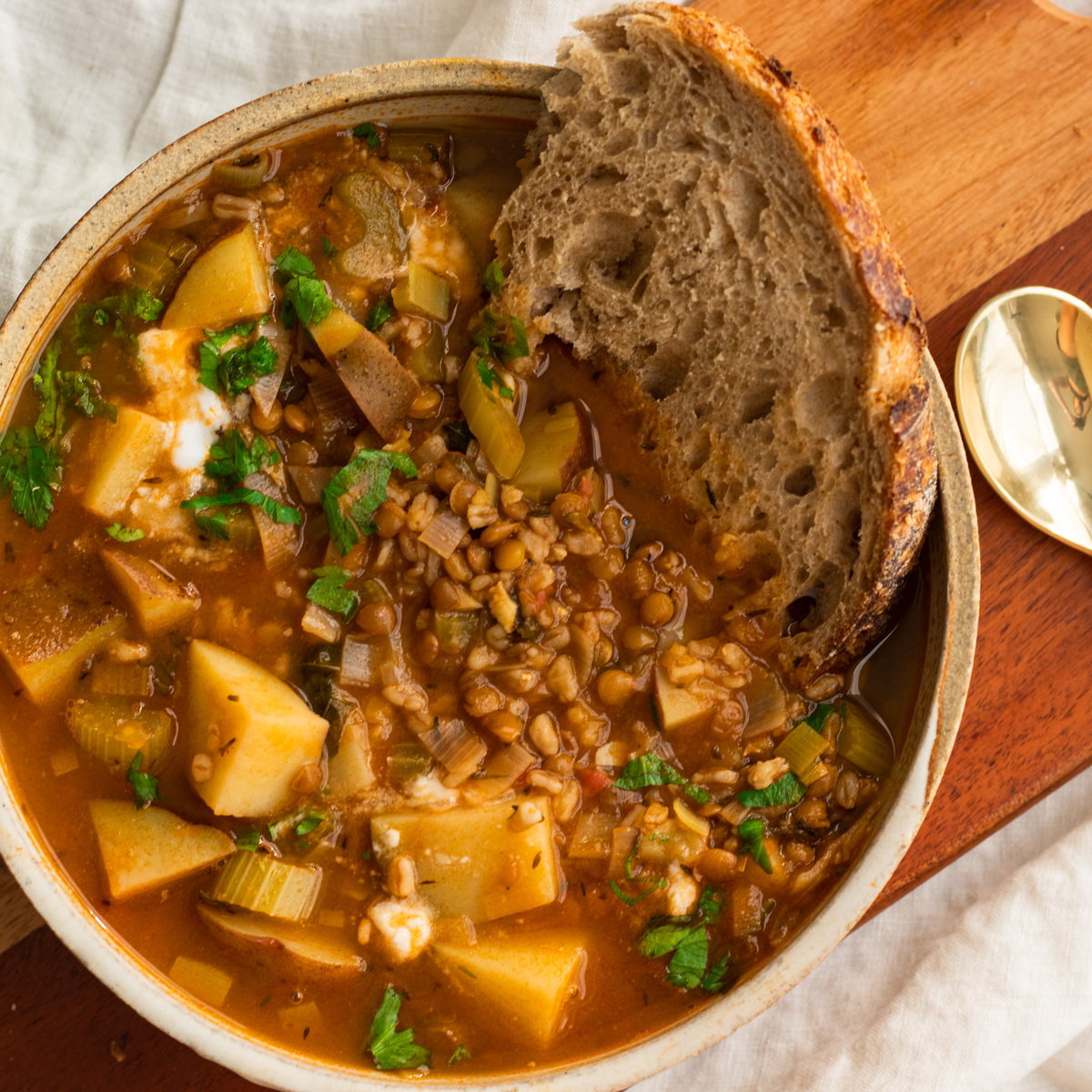 vegan smoky lentil stew with potatoes and leeks