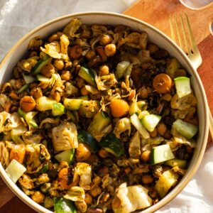 warm cabbage salad with chickpeas carrots and basil vinaigrette