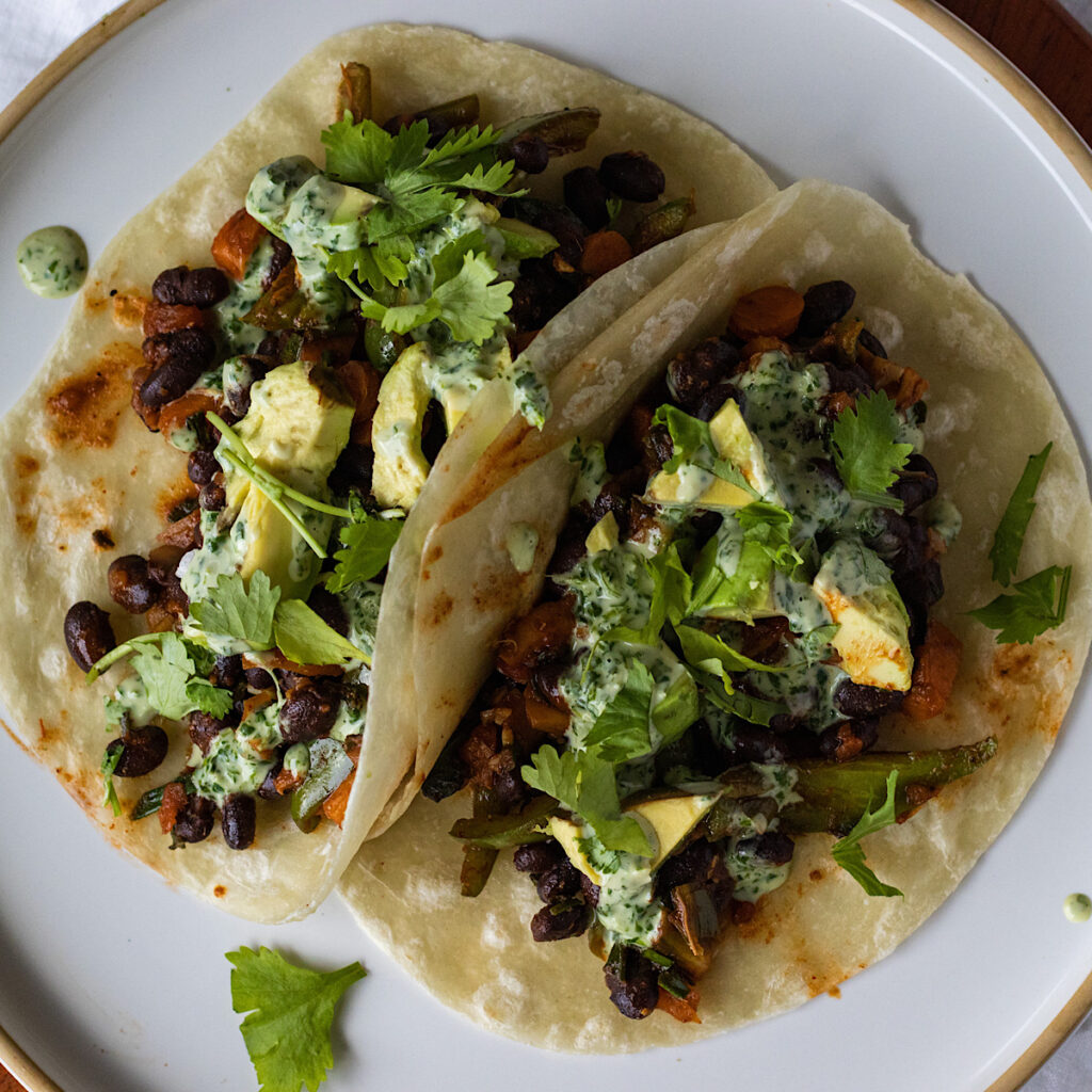Vegan Fall Black Bean Tacos with Cilantro Lime Tahini Sauce - Avocado ...
