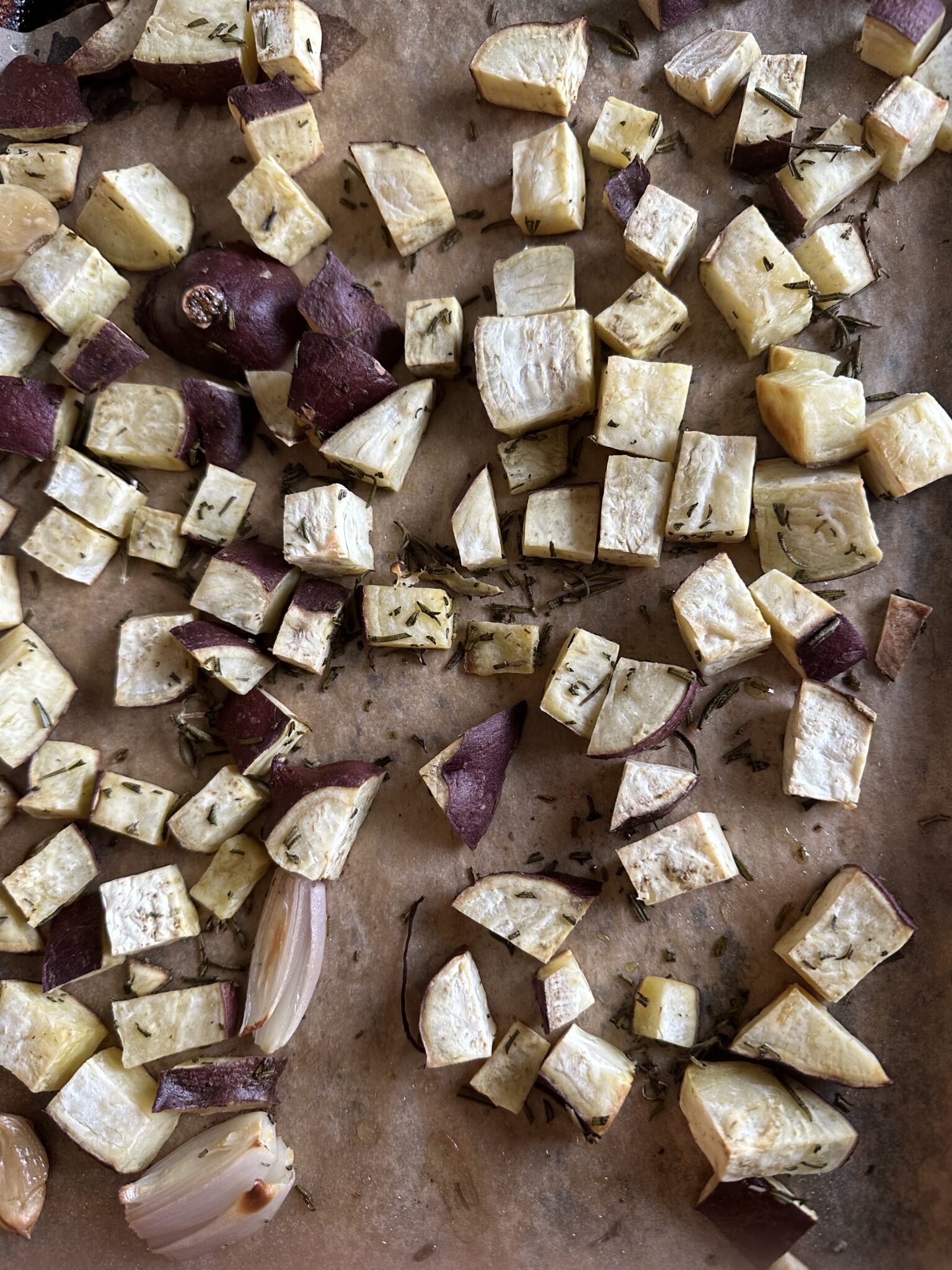 Vegan Japanese Sweet Potato Soup with Spinach and Rosemary Avocado