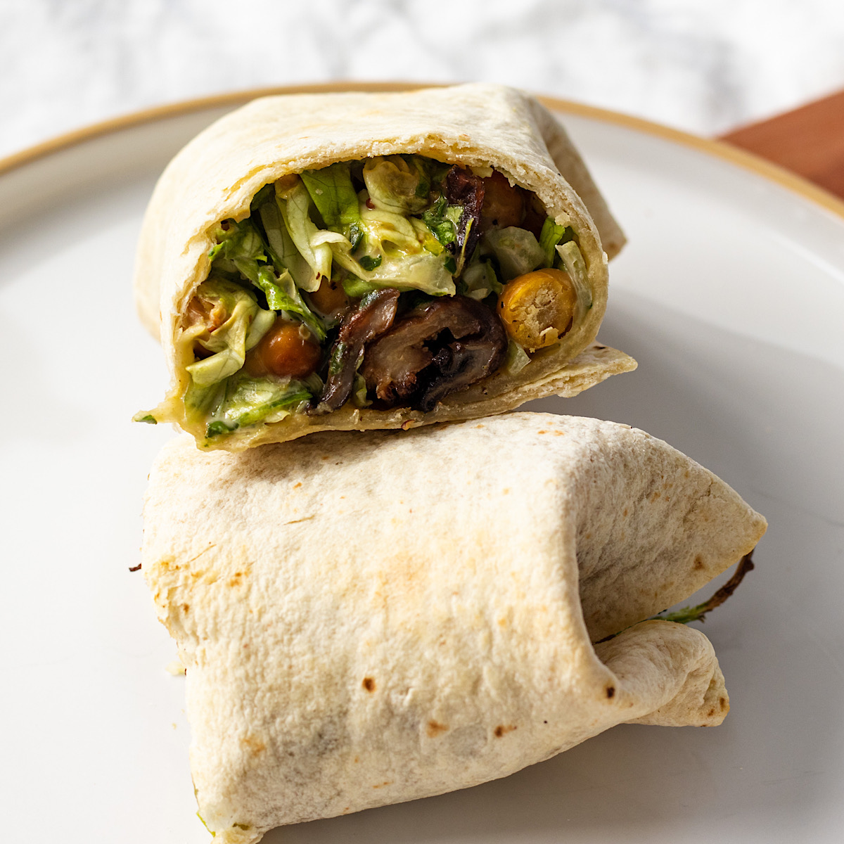 vegan caesar oyster mushroom chickpea wrap