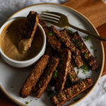 baked tempeh fries with miso dill tahini sauce