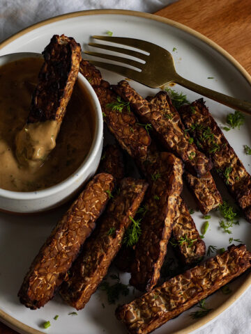 baked tempeh fries with miso dill tahini sauce