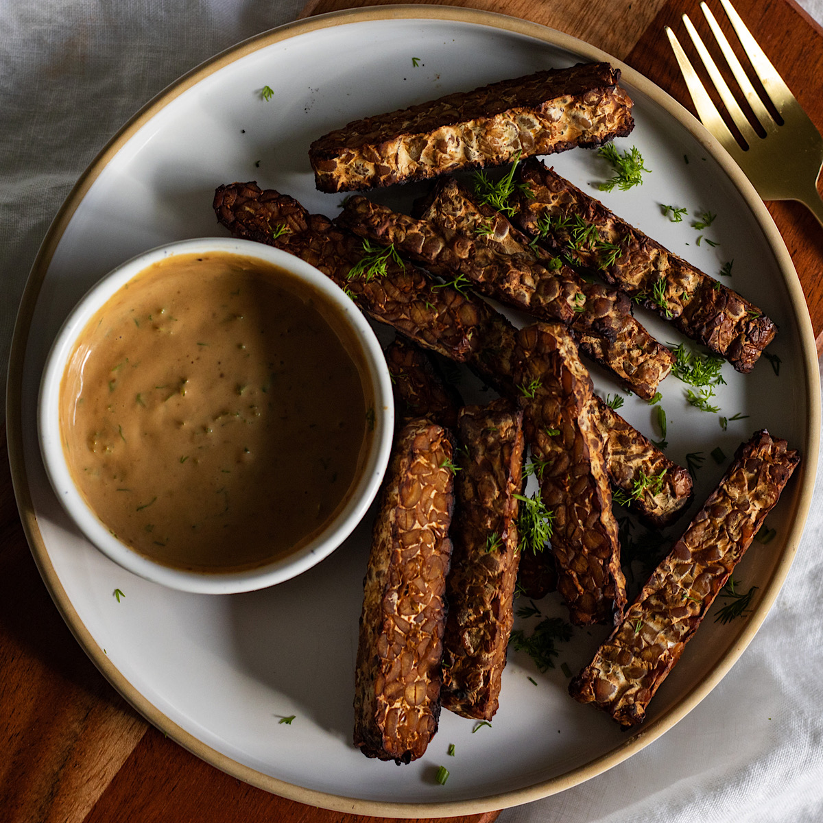 tempeh fries with lemon dill tahini sauce