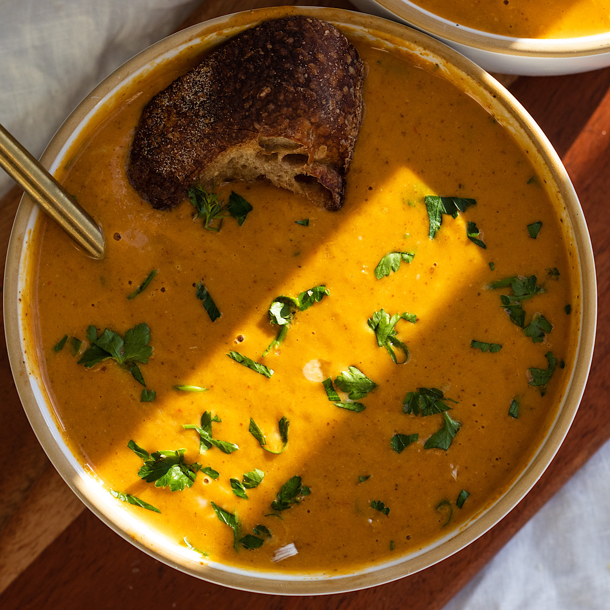 vegan roasted red pepper and sweet potato soup with almond butter