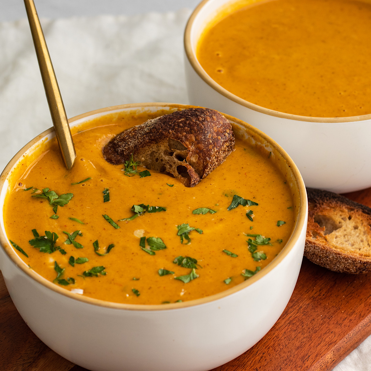 vegan roasted red pepper sweet potato soup with almond butter