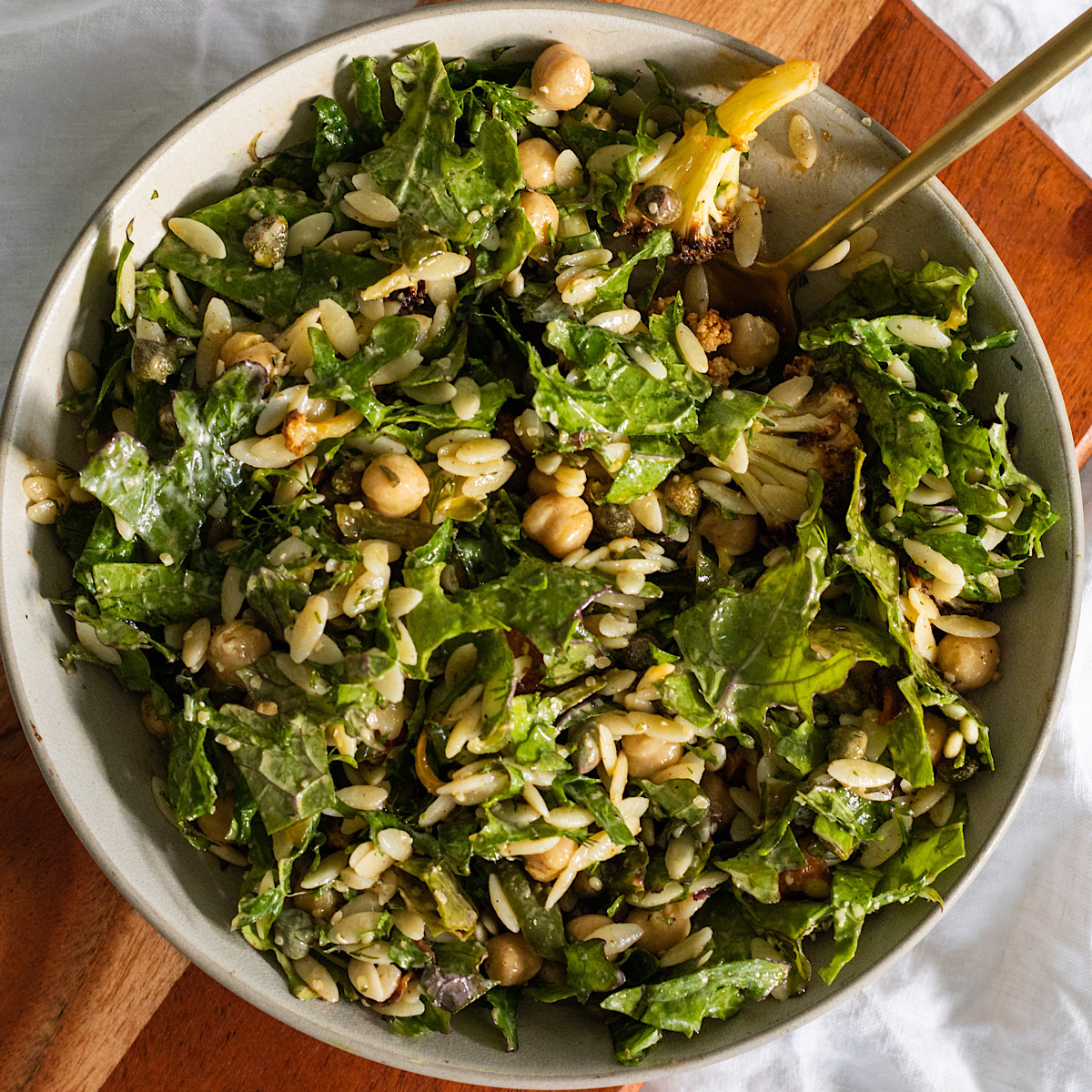 Vegan Winter Orzo Salad with Chickpeas and Kale