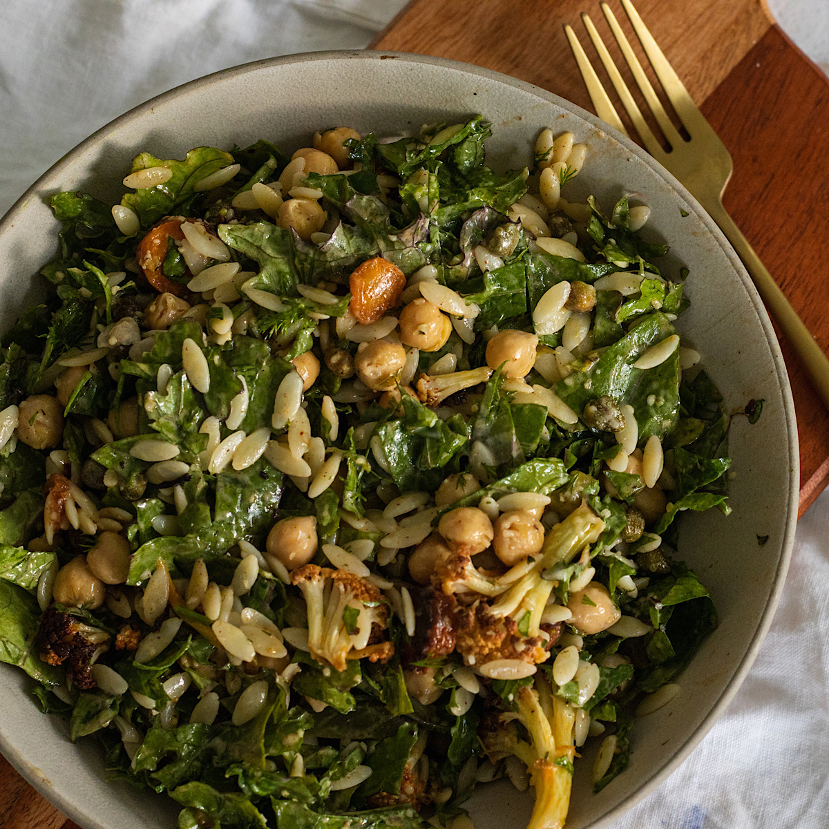 Vegan Winter Orzo Salad with Chickpeas and Kale