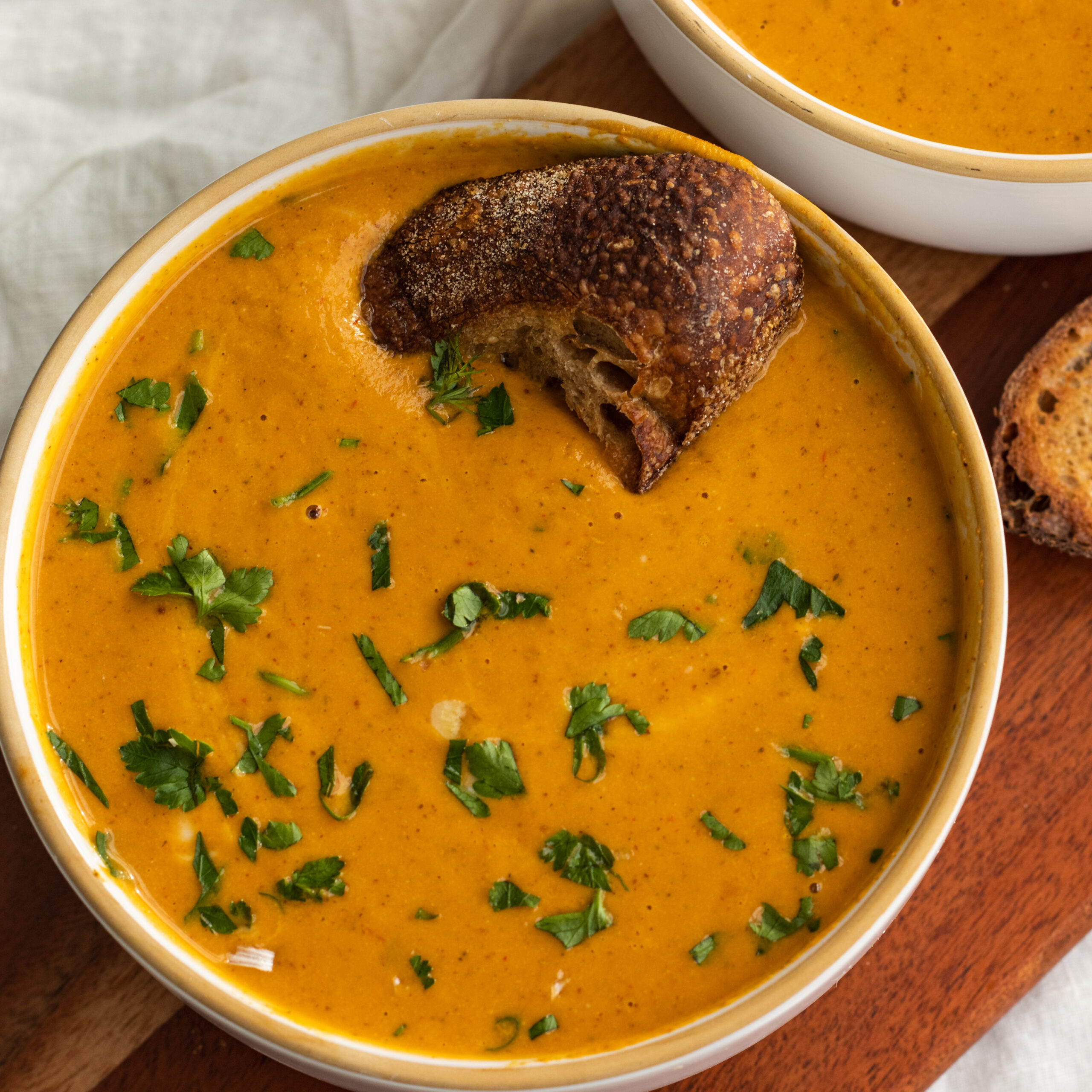 vegan roasted red pepper and sweet potato soup with almond butter