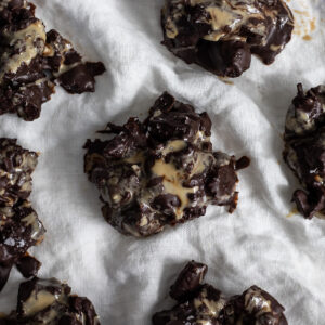 salted tahini date clusters with dark chocolate