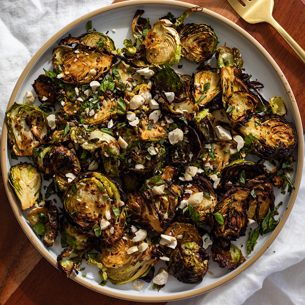 crispy air fried balsamic soy brussels sprouts