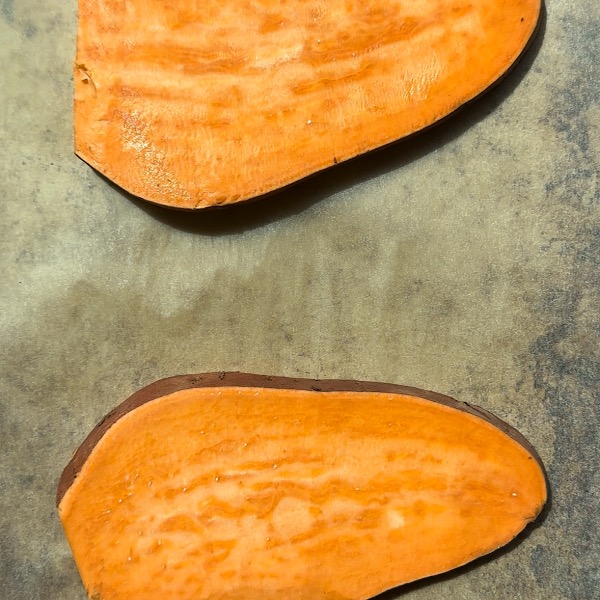 baked sweet potato toast with hummus and avocado