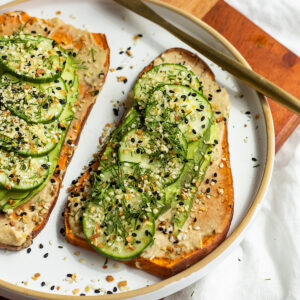 baked sweet potato toast with hummus and avocado