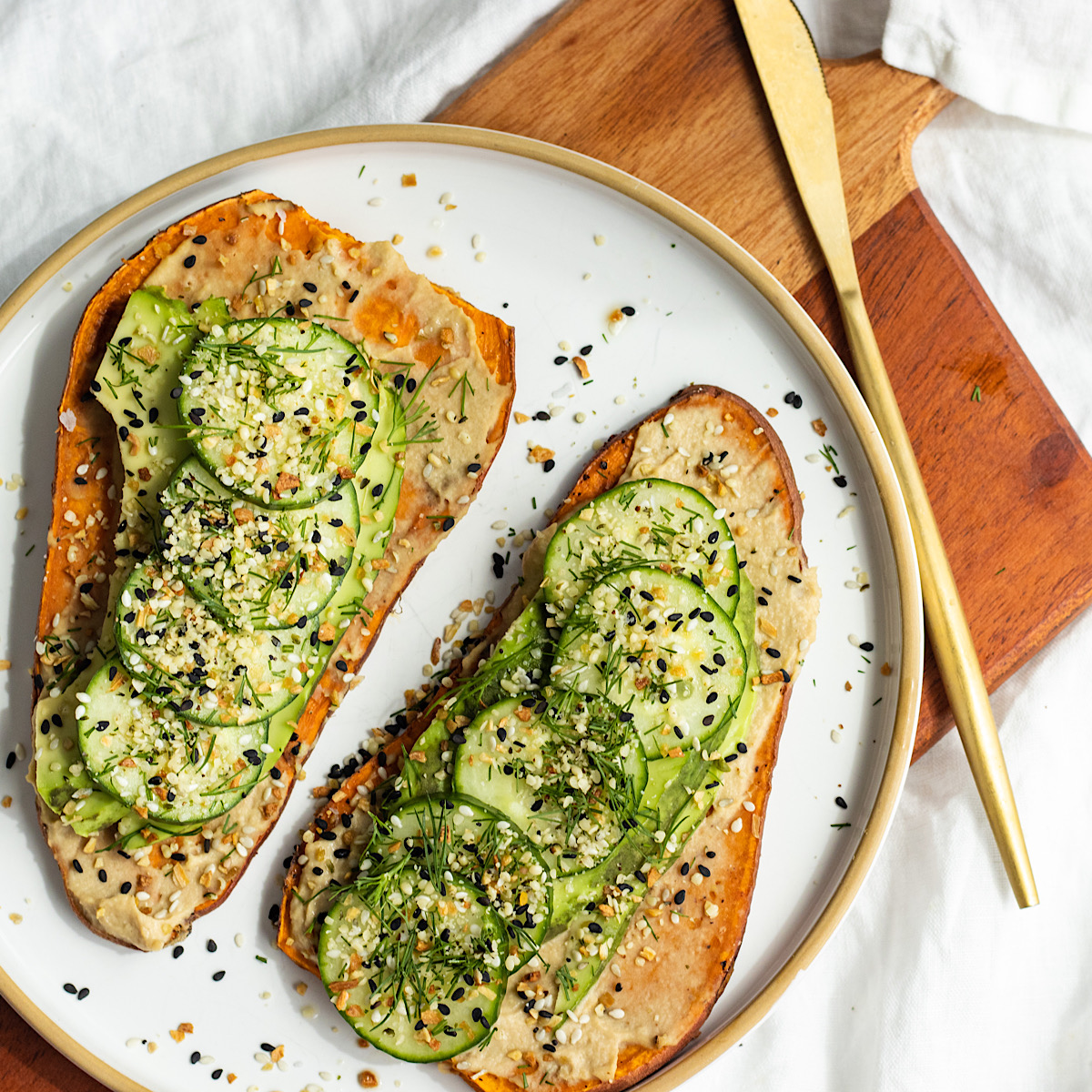 Baked Sweet Potato Toast with Hummus and Avocado - Avocado Skillet