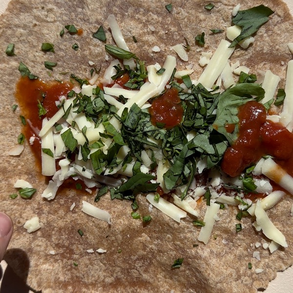 tortillas with cheese, marinara and basil