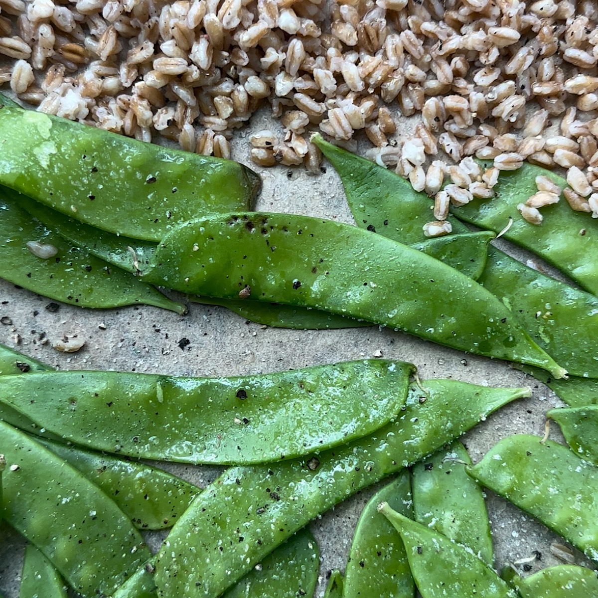 farro and snap peas on sheet pan