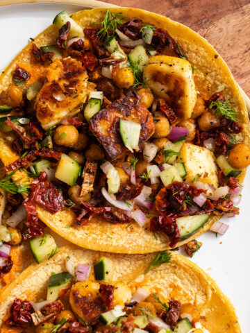 chickpea and halloumi tacos with cucumber salsa