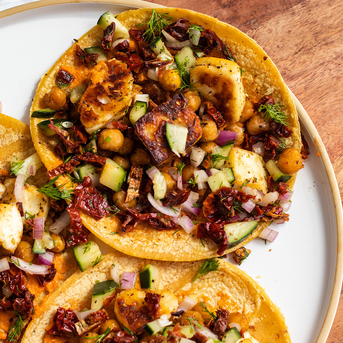 chickpea and halloumi tacos with cucumber salsa