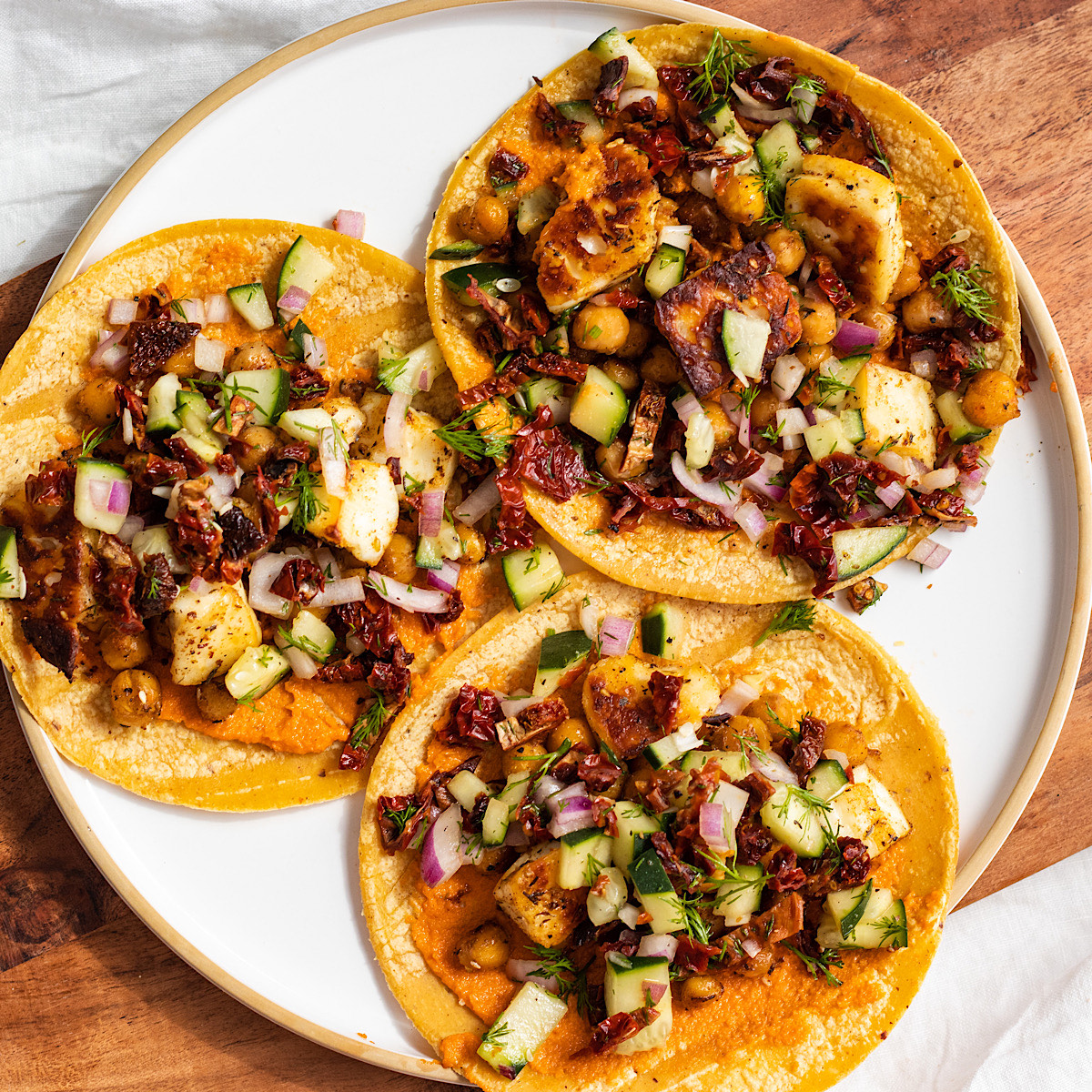 chickpea and halloumi tacos with cucumber salsa