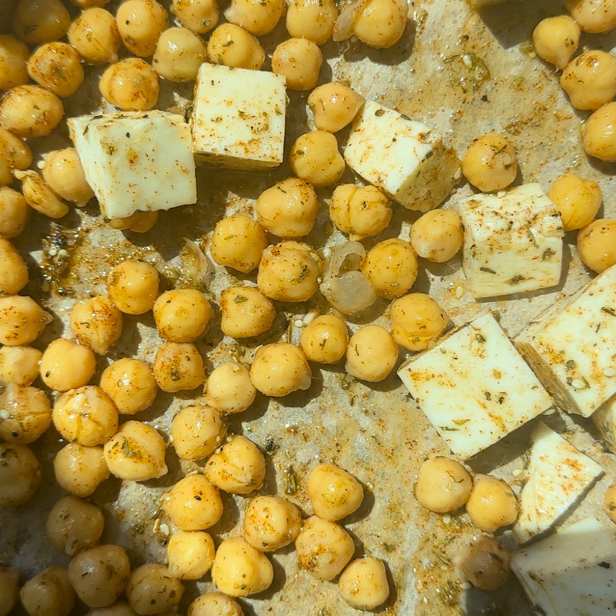 chickpeas and halloumi on a sheet pan