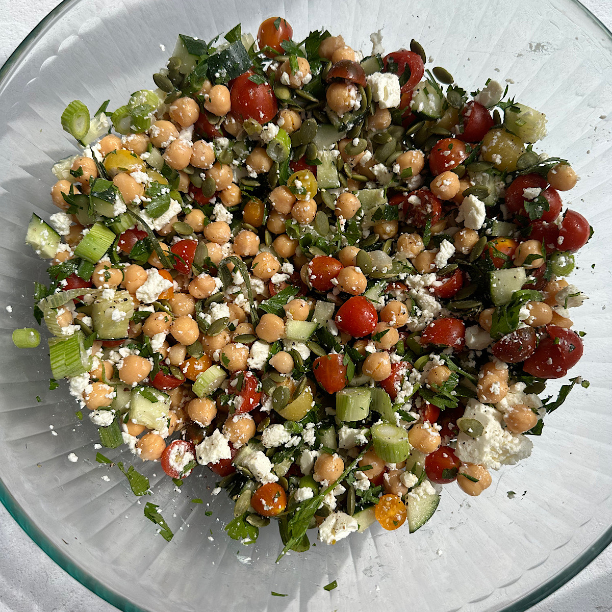 fava bean chickpea salad in bowl