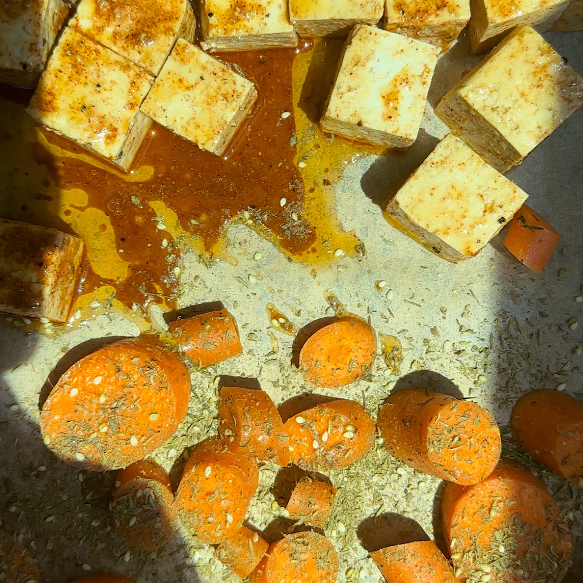 tofu and carrots on sheet pan