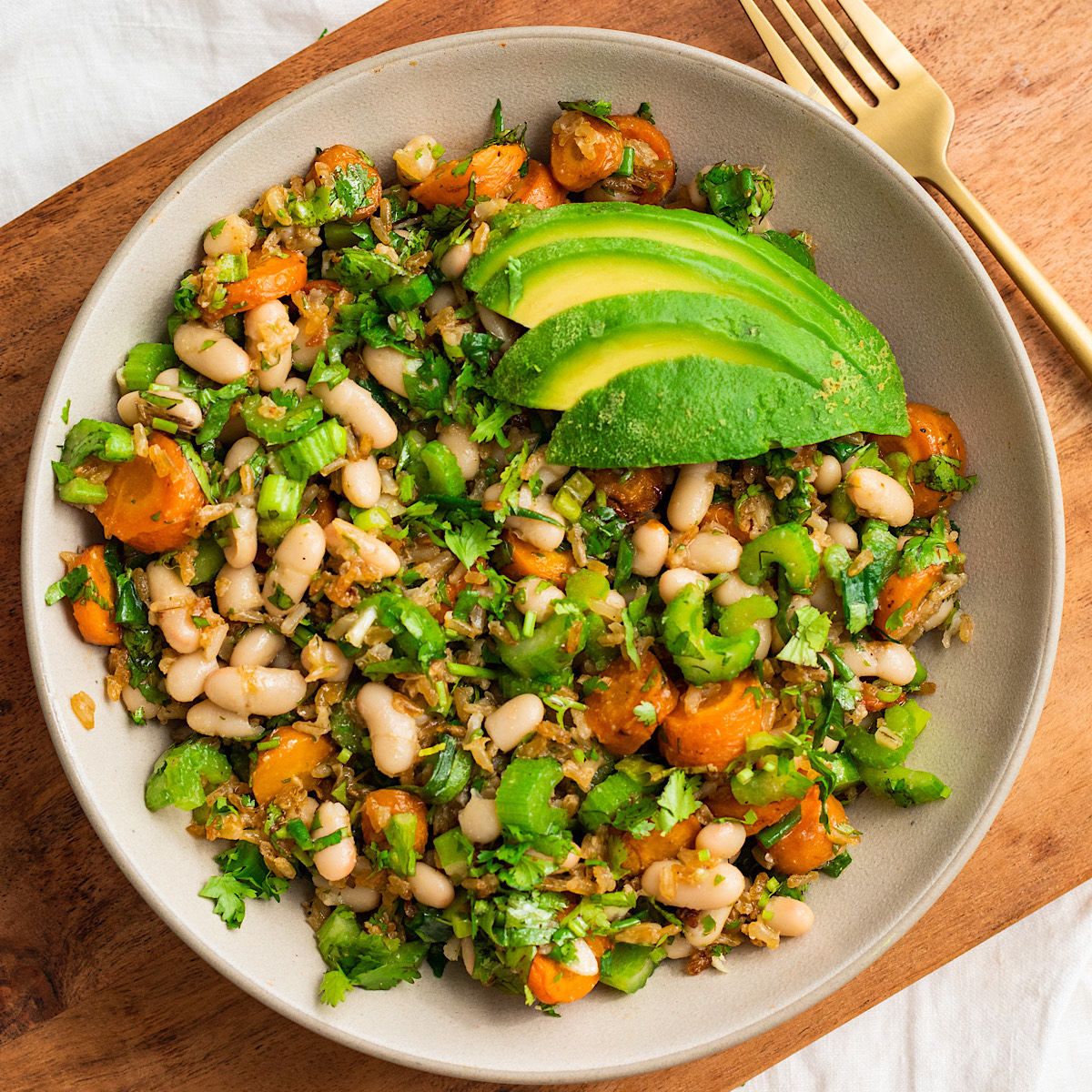 vegan crispy rice white bean spring salad