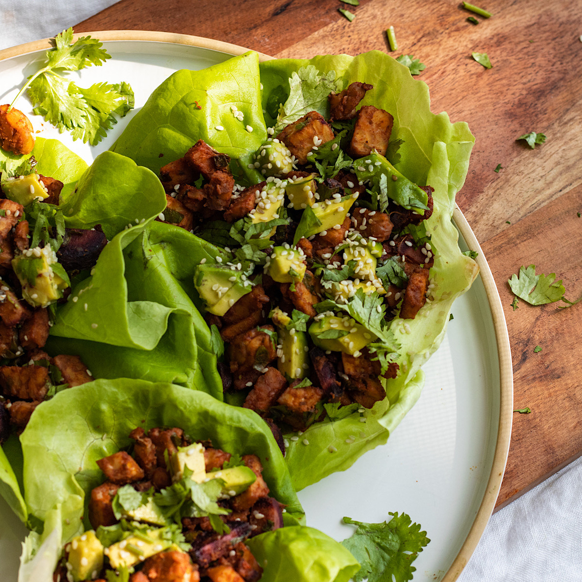 vegan buffalo tempeh carrot lettuce wraps