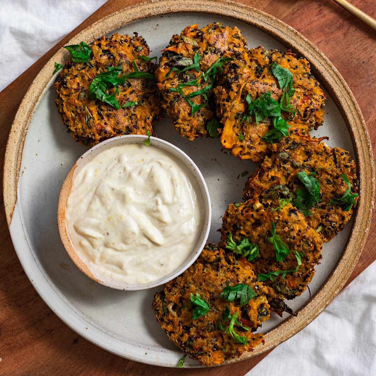 carrot quinoa fritters with cashew aioli