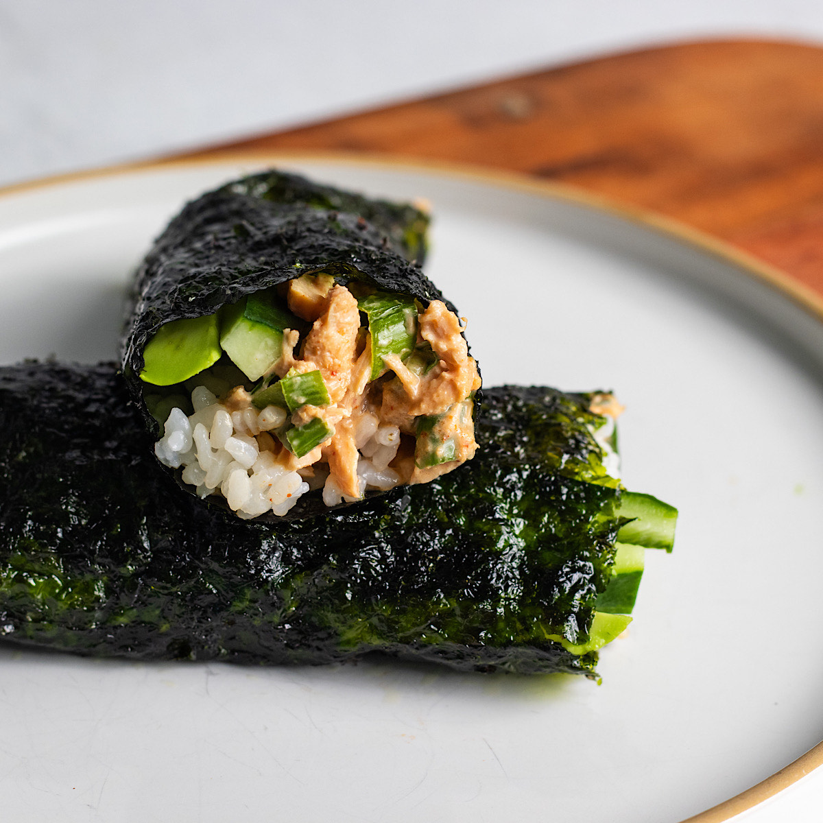 spicy tuna salad hand roll.