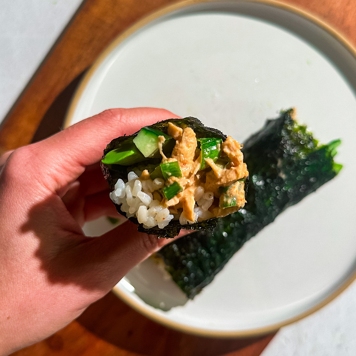 spicy tuna salad hand roll.