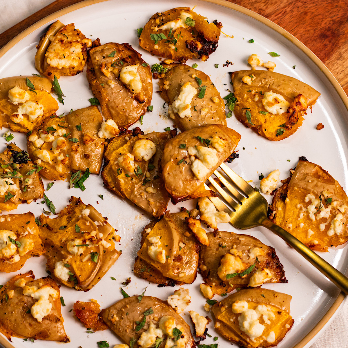 crispy baked smashed honey feta butternut squash