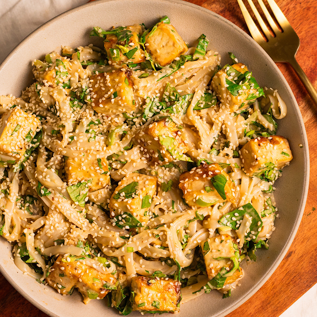 vegan creamy tahini peanut noodles with tofu